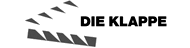 Logo "DIE KLAPPE" mit stilisierter Filmklappe als grafisches Element links neben dem Text