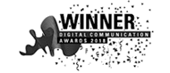 Logo mit Schriftzug "WINNER" und Silhouette eines Löwen, umgeben von Sternen und Punkten in Schwarz-Weiß