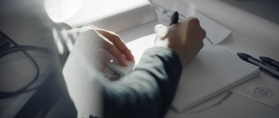 Person arbeitet am Schreibtisch mit Computermaus in der linken Hand und Stift in der rechten Hand, umgeben von Dokumenten und Kabeln.