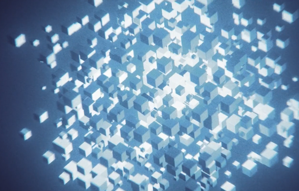 Abstrakte 3D-Darstellung von weißen und blauen geometrischen Würfeln, die in einem spiralförmigen Muster auf dunkelblauem Hintergrund schweben.