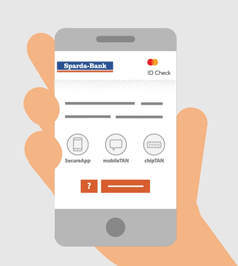 Hand hält Smartphone mit Sparda-Bank ID Check Anmeldebildschirm, der drei Authentifizierungsoptionen zeigt: SecureApp, mobileTAN und chipTAN.