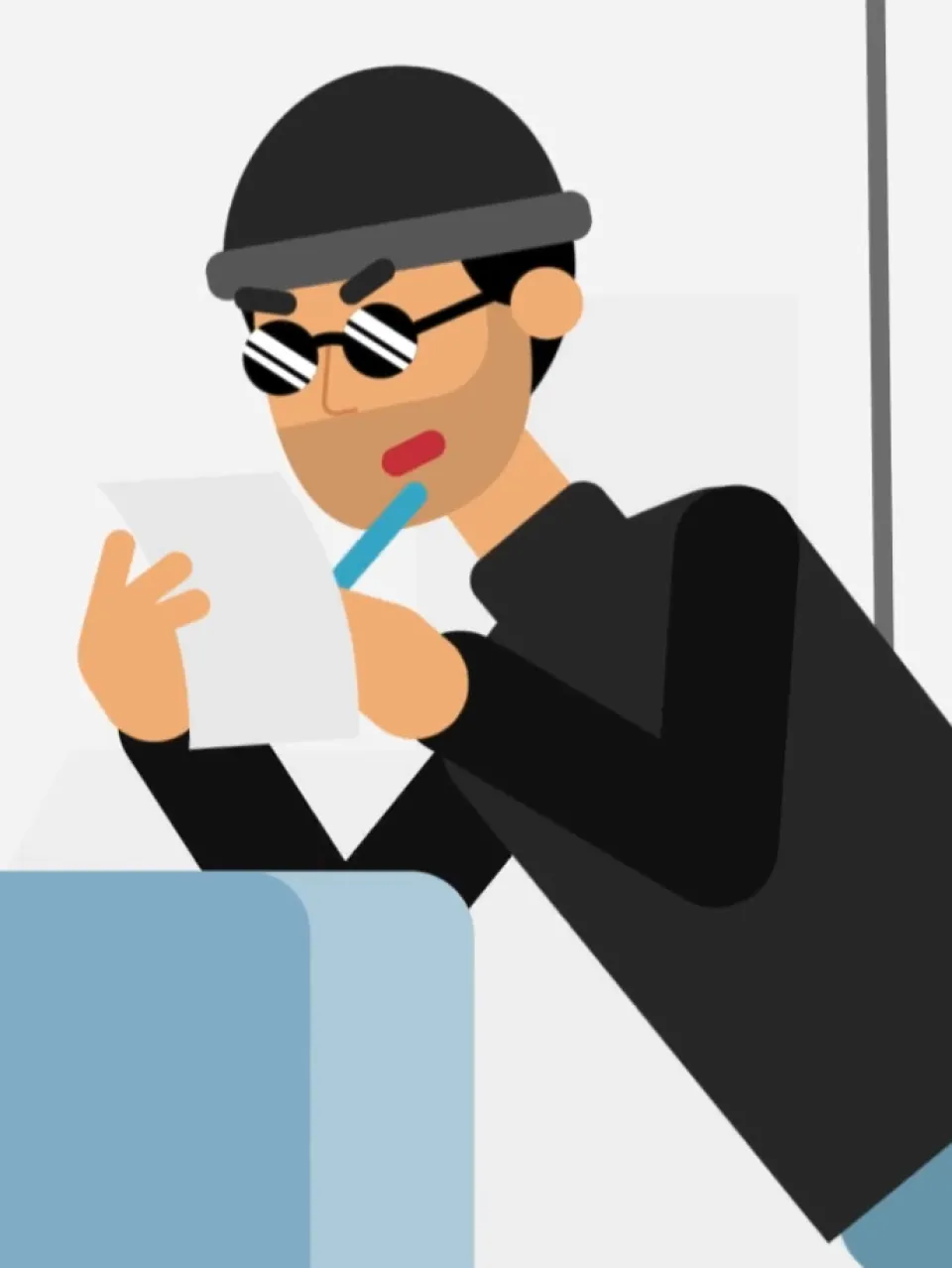 Illustration einer Person mit Sonnenbrille und Mütze, die sich über eine Wand lehnt und einen blauen Strohhalm im Mund hält.