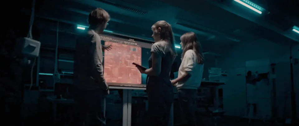 Drei Personen stehen vor einem beleuchteten Monitor in einem dunklen Raum und betrachten gemeinsam Daten oder Diagramme auf dem Bildschirm.