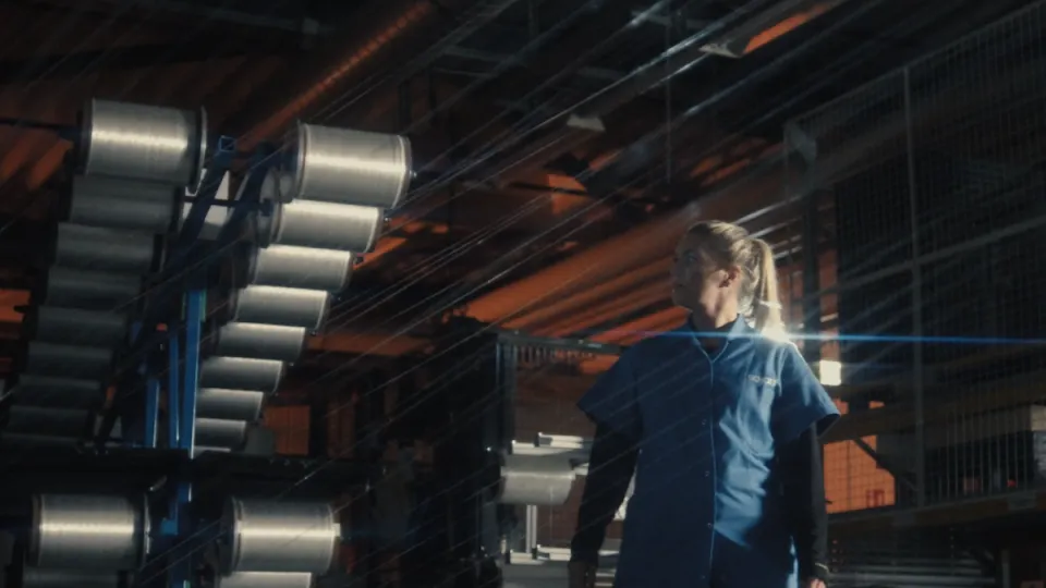 Fabrikarbeiterin in blauer Arbeitskleidung steht vor einem Lagerregal mit Metallrollen in einer Industriehalle.
