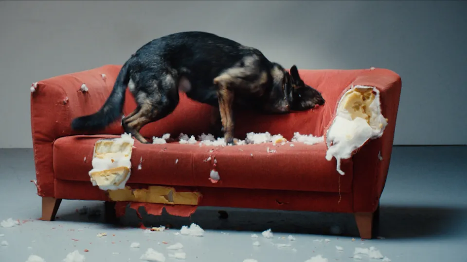 Schwarzer Hund steht auf einem zerstörten roten Sofa, das mit herausgerissener Polsterfüllung und Schaumstoff bedeckt ist.
